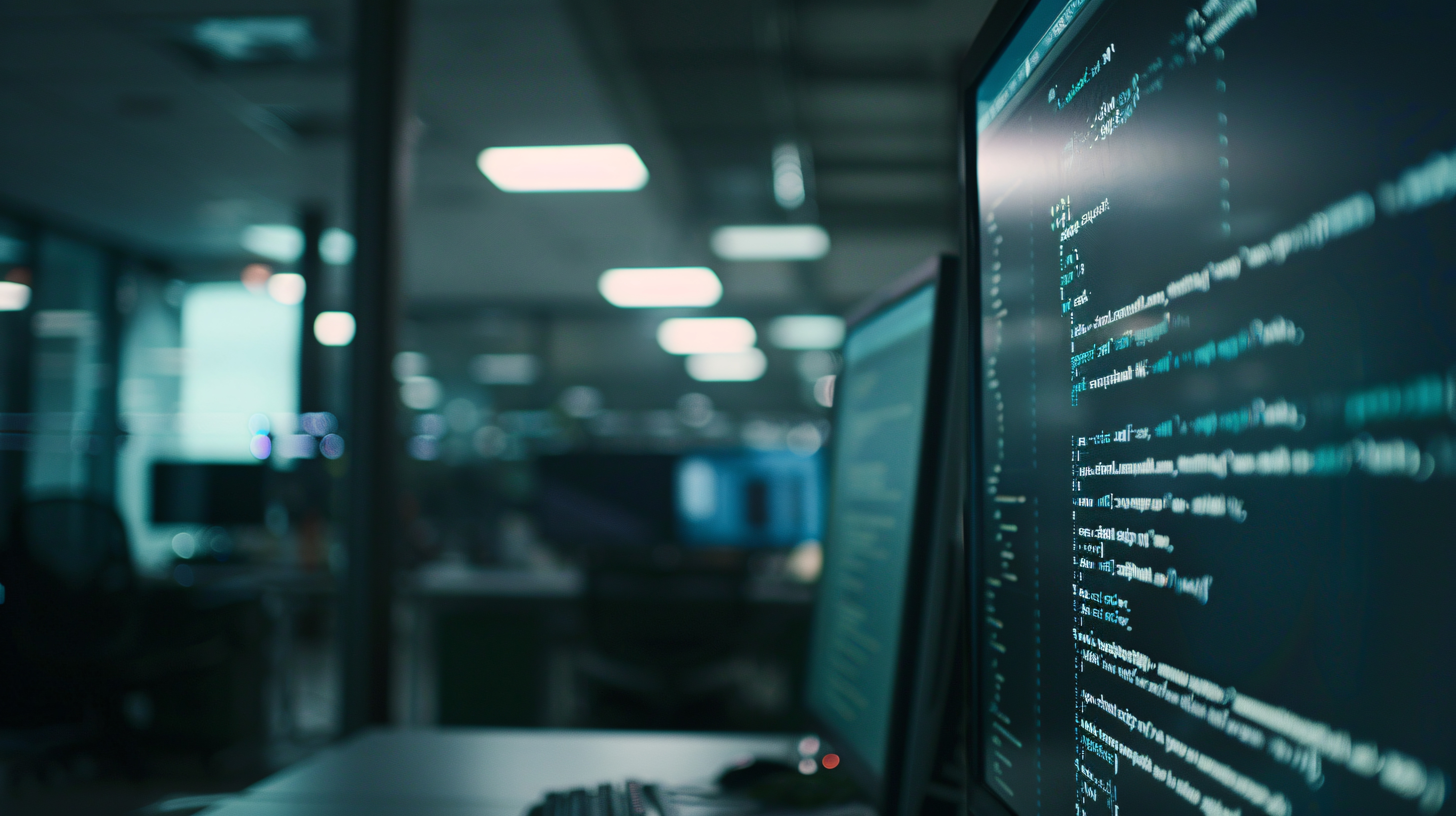 Monitores exibindo código em um ambiente de engenharia de software.