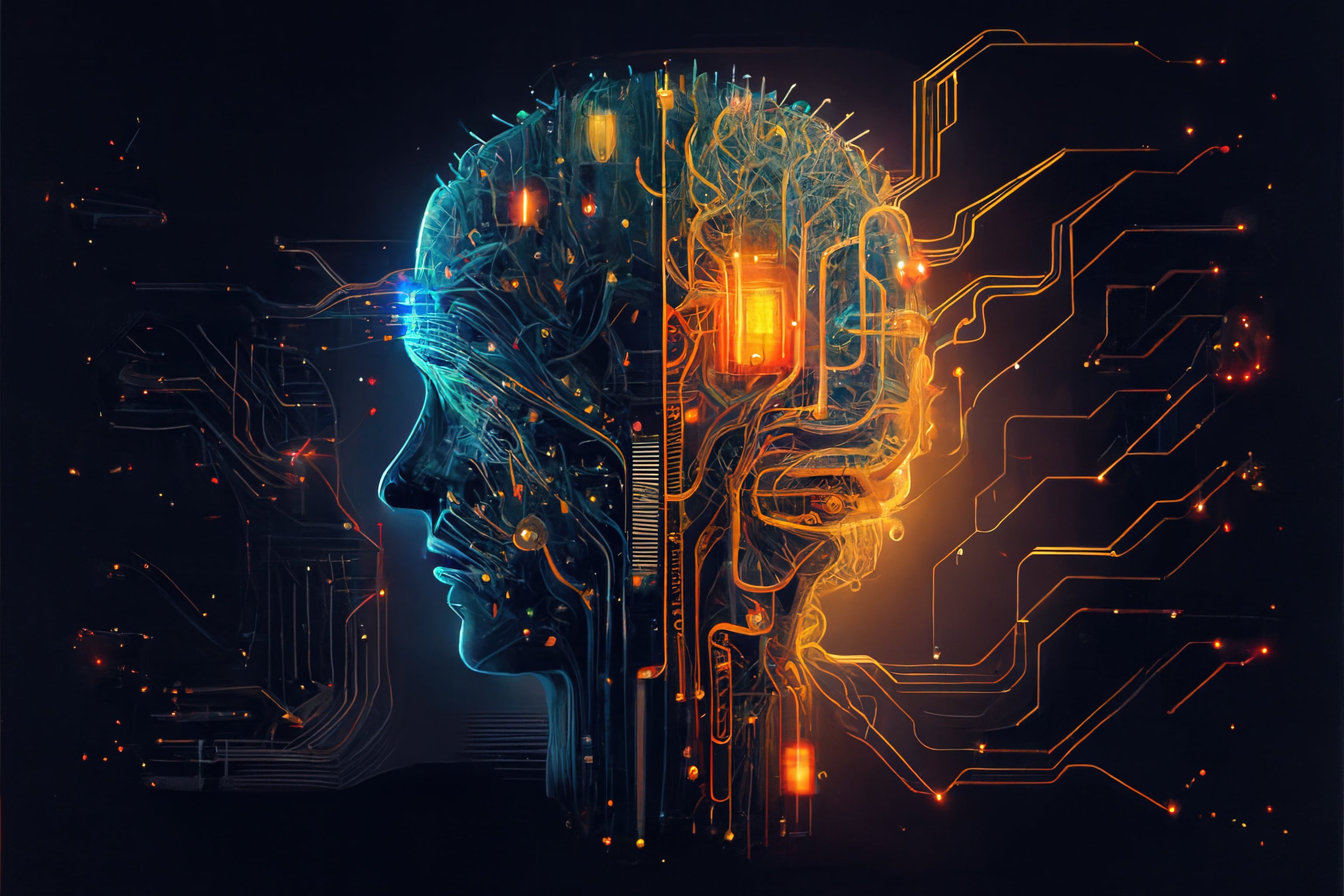 Perfil humano integrado a circuitos e conexões de inteligência artificial.